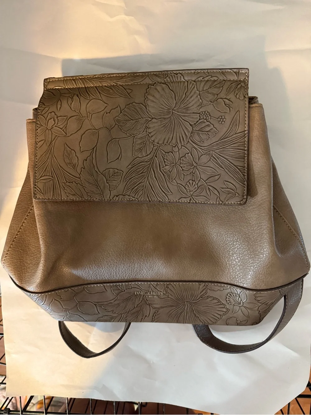 Floral Embossed Taupe Leather Backpack